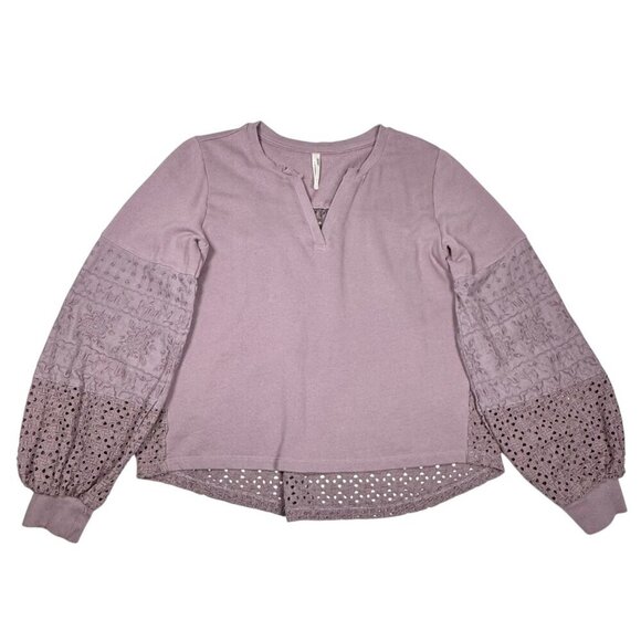 By Anthropologie Eyelet Sweatshirt Top Sz.S Lilac Oversized Embroidered Boho - Picture 14 of 15